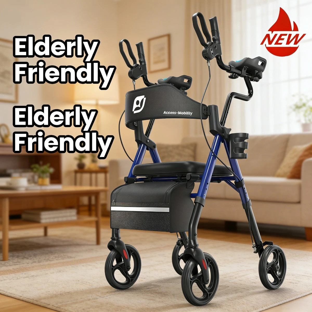 Upright Walker, Stand Up Rollator Walker with Padded Seat and Backrest, Walkers for Seniors,Foldable Walker with Seat