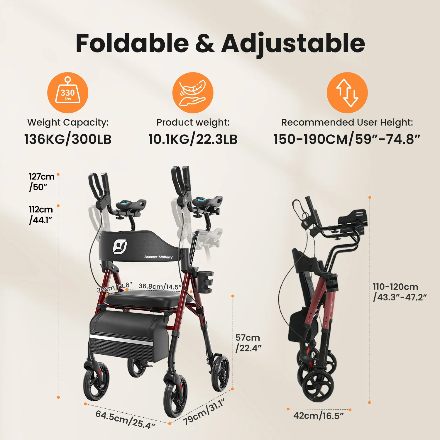 Upright Walker, Stand Up Rollator Walker with Padded Seat and Backrest, Walkers for Seniors,Foldable Walker with Seat