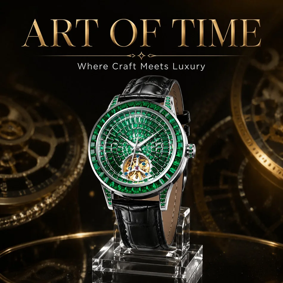 PINDU Design Diamond-set Hollow Mechanical Wrist Men Wristwatches Men Fashion Luxury Diamond Stainless Steel Leather Watch Men