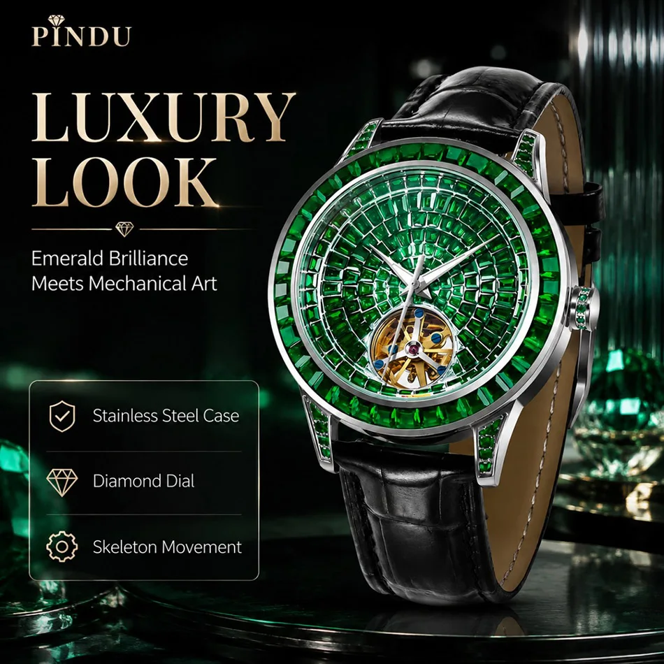 PINDU Design Diamond-set Hollow Mechanical Wrist Men Wristwatches Men Fashion Luxury Diamond Stainless Steel Leather Watch Men