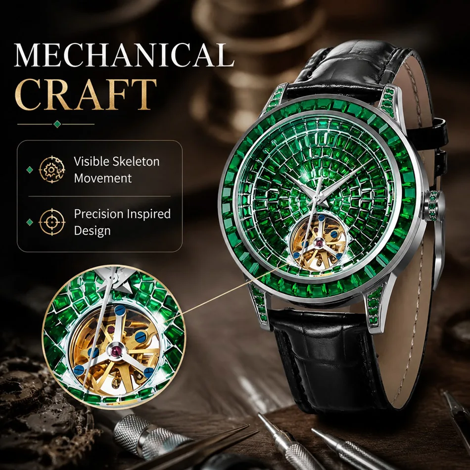 PINDU Design Diamond-set Hollow Mechanical Wrist Men Wristwatches Men Fashion Luxury Diamond Stainless Steel Leather Watch Men