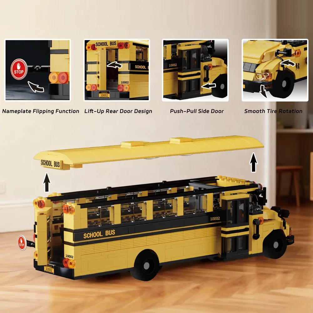 788Pcs Classic Yellow American School Bus Building Blocks, Vintage Creative Vehicle Brick Model Kit Gift for Adults