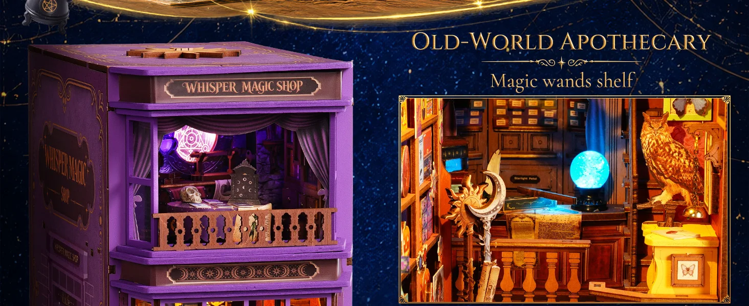 Rolife DIY Book Nook Kit 3D Puzzle Whisper Magic Shop Wooden Bookends with LED Light for Bookshelf Decor Brain Teasers Jigsaw Toys Holiday Gift for Adults