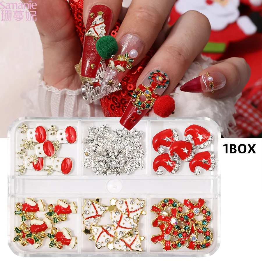 6 Grids Christmas Alloy Nail Charms Santa Snowman Tree Wreath Snowflake 3D Enamel Manicure Ornaments for Holiday Nail Salon Home DIY Decor