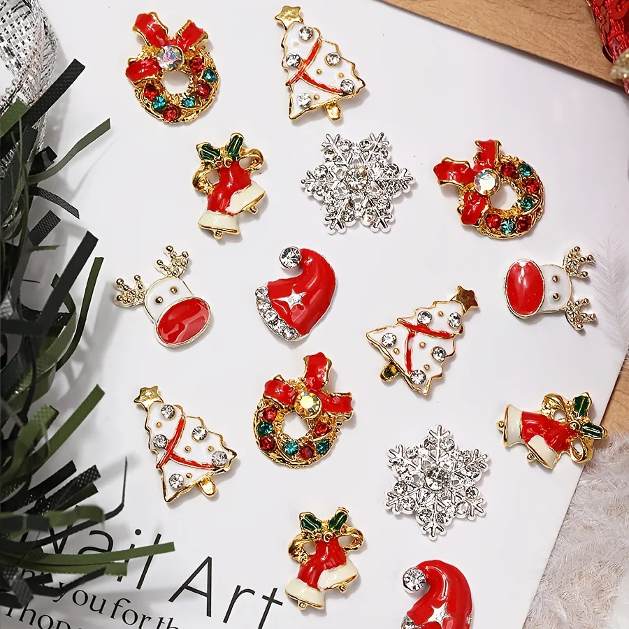 6 Grids Christmas Alloy Nail Charms Santa Snowman Tree Wreath Snowflake 3D Enamel Manicure Ornaments for Holiday Nail Salon Home DIY Decor