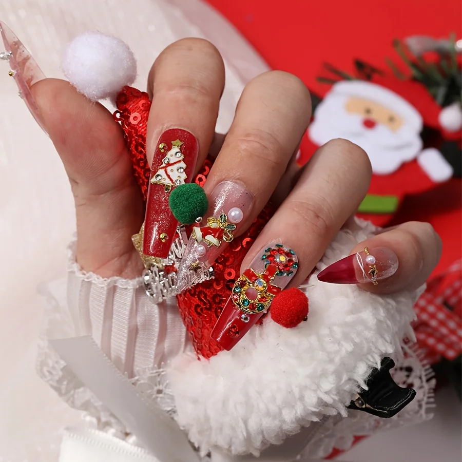 6 Grids Christmas Alloy Nail Charms Santa Snowman Tree Wreath Snowflake 3D Enamel Manicure Ornaments for Holiday Nail Salon Home DIY Decor