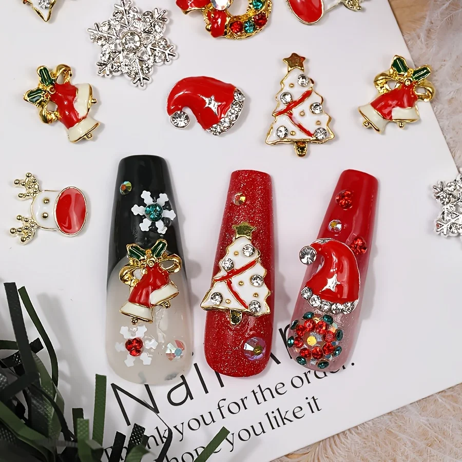 6 Grids Christmas Alloy Nail Charms Santa Snowman Tree Wreath Snowflake 3D Enamel Manicure Ornaments for Holiday Nail Salon Home DIY Decor