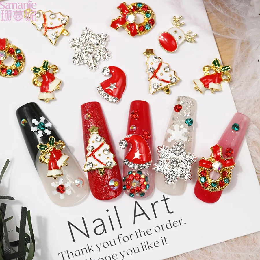 6 Grids Christmas Alloy Nail Charms Santa Snowman Tree Wreath Snowflake 3D Enamel Manicure Ornaments for Holiday Nail Salon Home DIY Decor