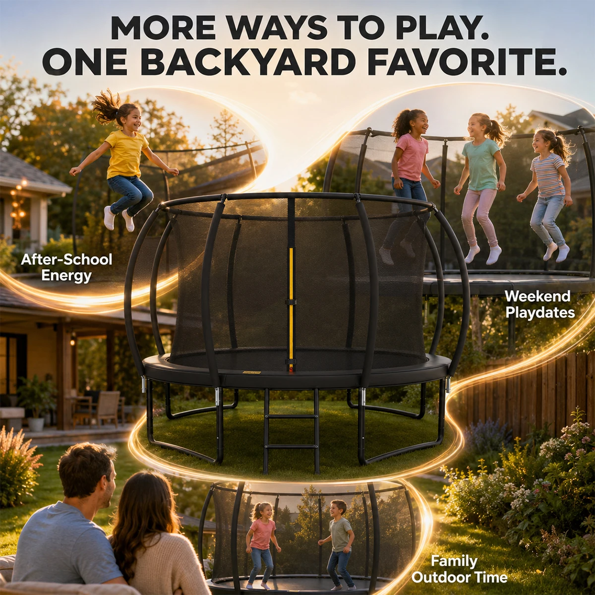 14FT Kids Trampoline With Safety Enclosure Net & Ladder, Round Outdoor Backyard Trampoline for Children Family Recreation Fitness Exercise