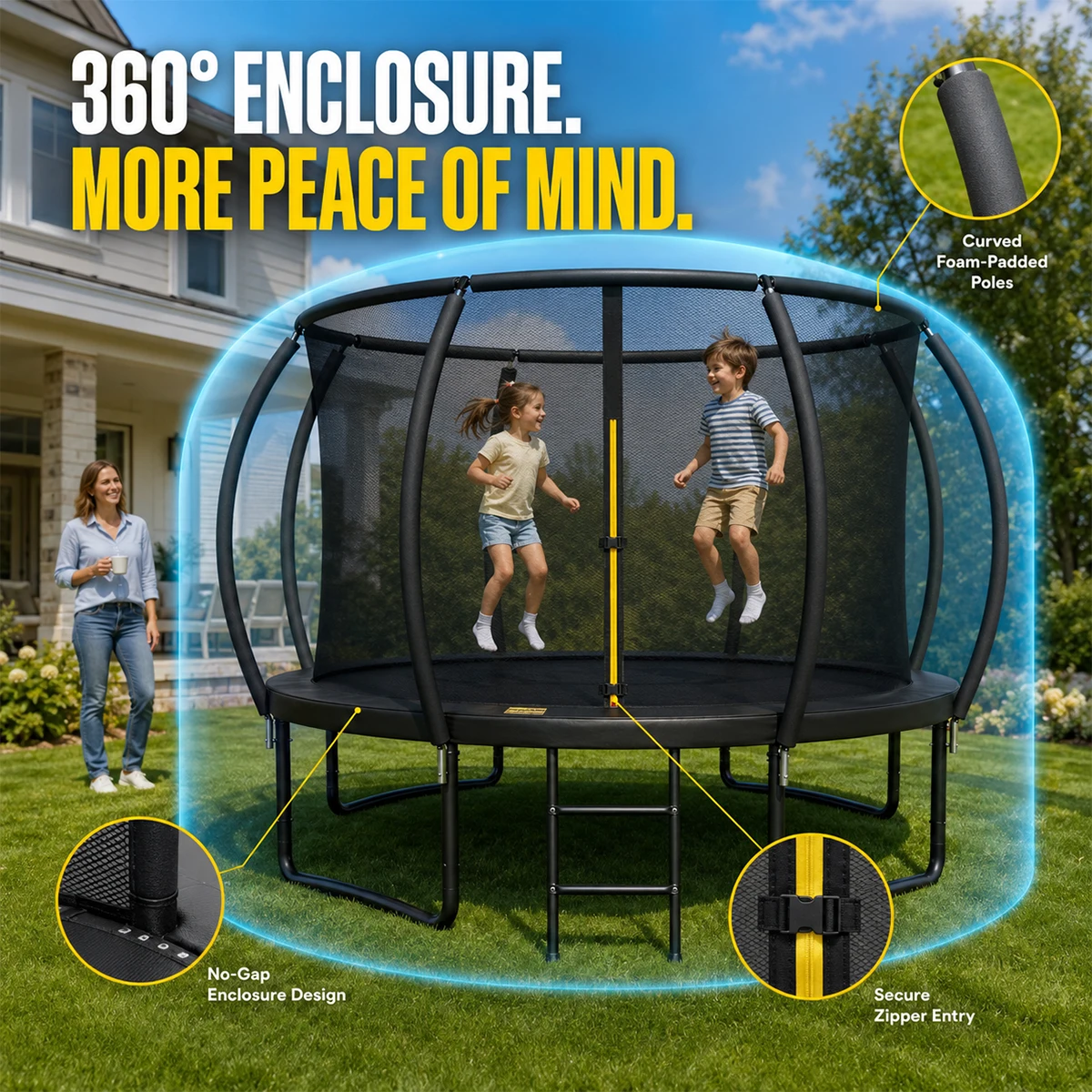 14FT Kids Trampoline With Safety Enclosure Net & Ladder, Round Outdoor Backyard Trampoline for Children Family Recreation Fitness Exercise
