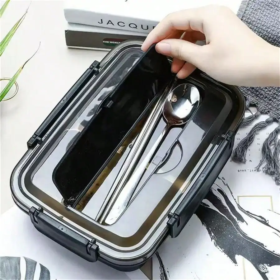 1pc Stainless Steel Lunch Box, Comes With Stainless Steel Cutlery, 1pc Durable 304 Stainless Steel Leak-Proof Bento Box With 3 Compartments, Easy To Clean, Suitable For School And Work,Travel And Outdoor Use, Office Worker Lunch Box,