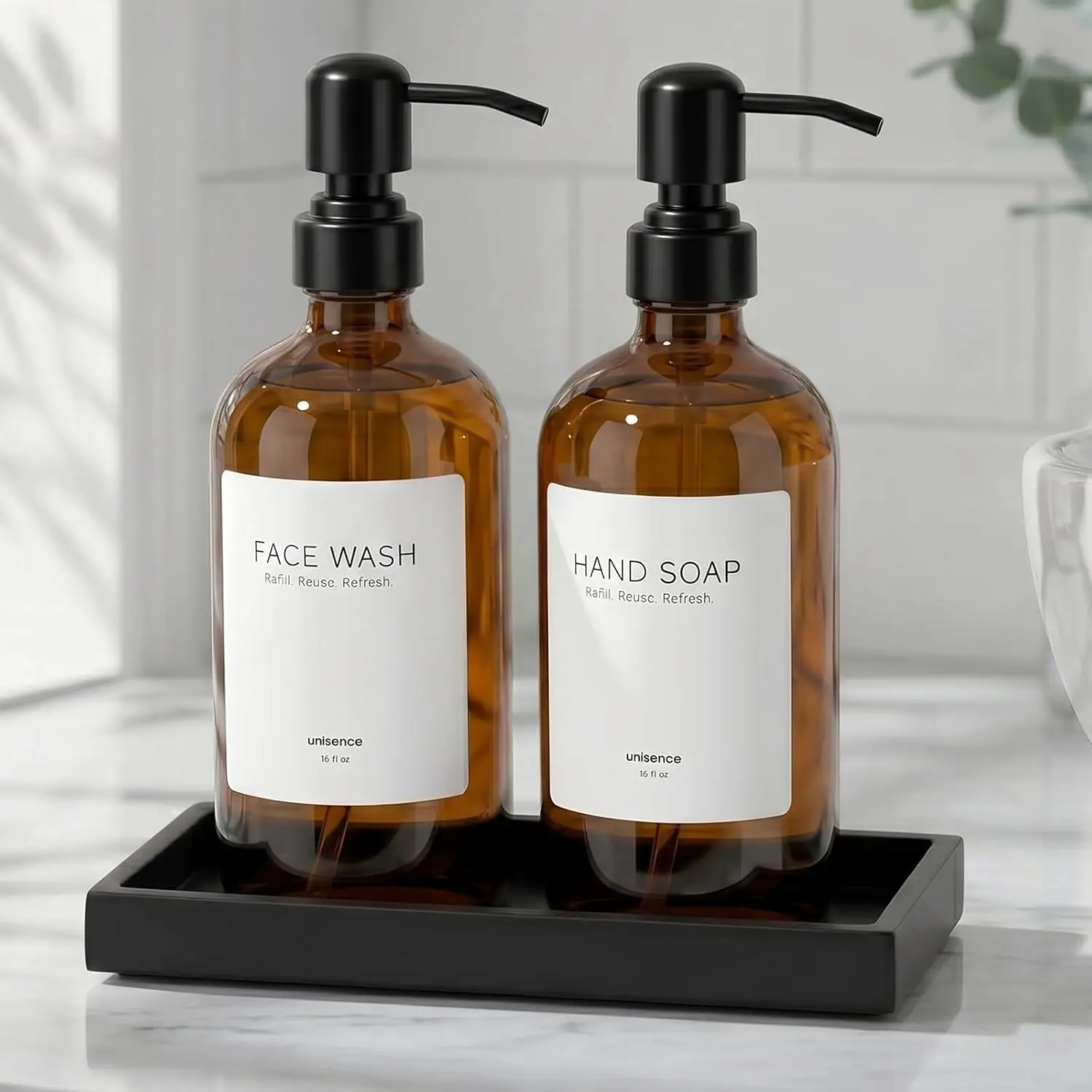 Amber Glass Soap Dispenser Set, 2 Pack 16 Oz Refillable Liquid Soap Dispenser with 304 Stainless Steel Pump and Tray