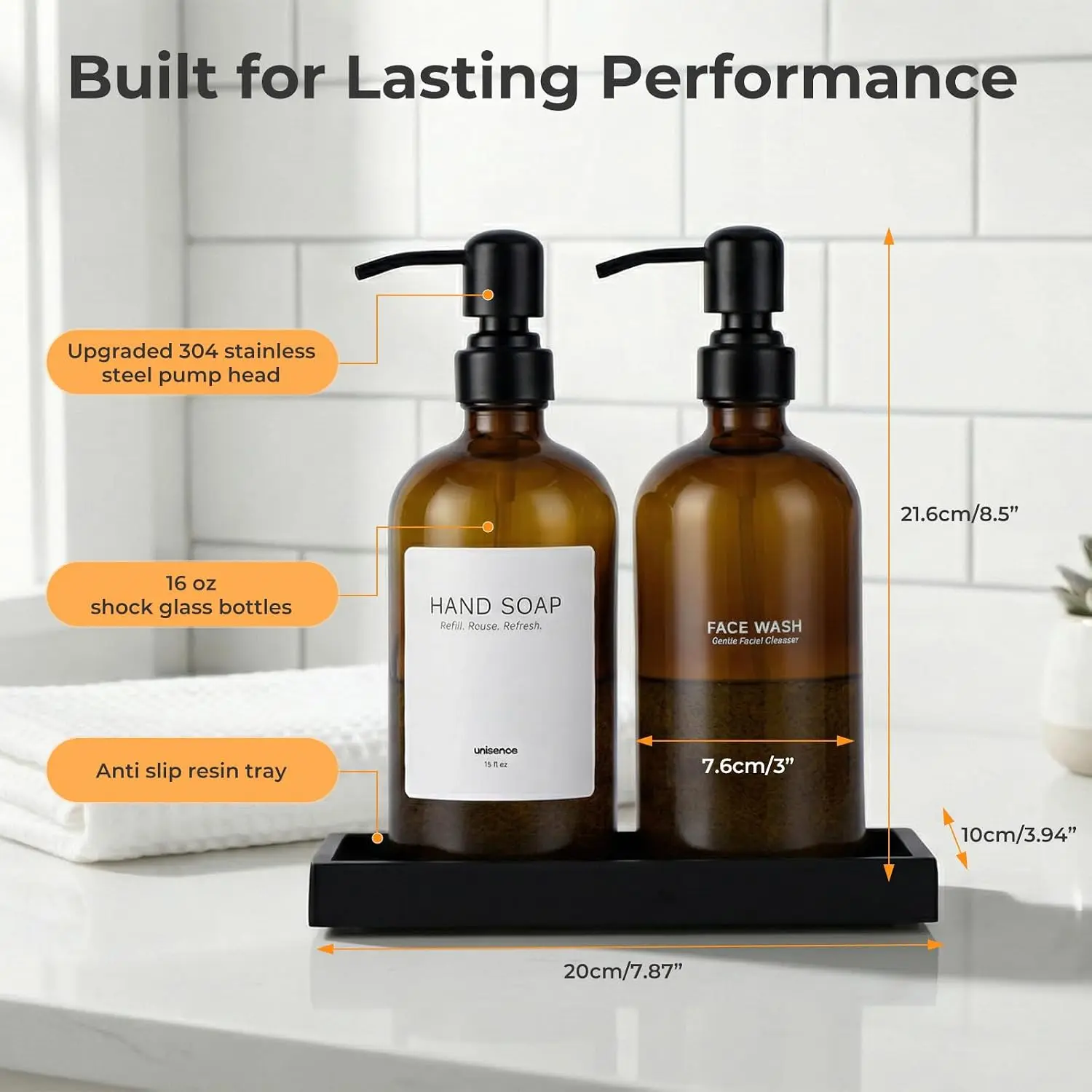 Amber Glass Soap Dispenser Set, 2 Pack 16 Oz Refillable Liquid Soap Dispenser with 304 Stainless Steel Pump and Tray