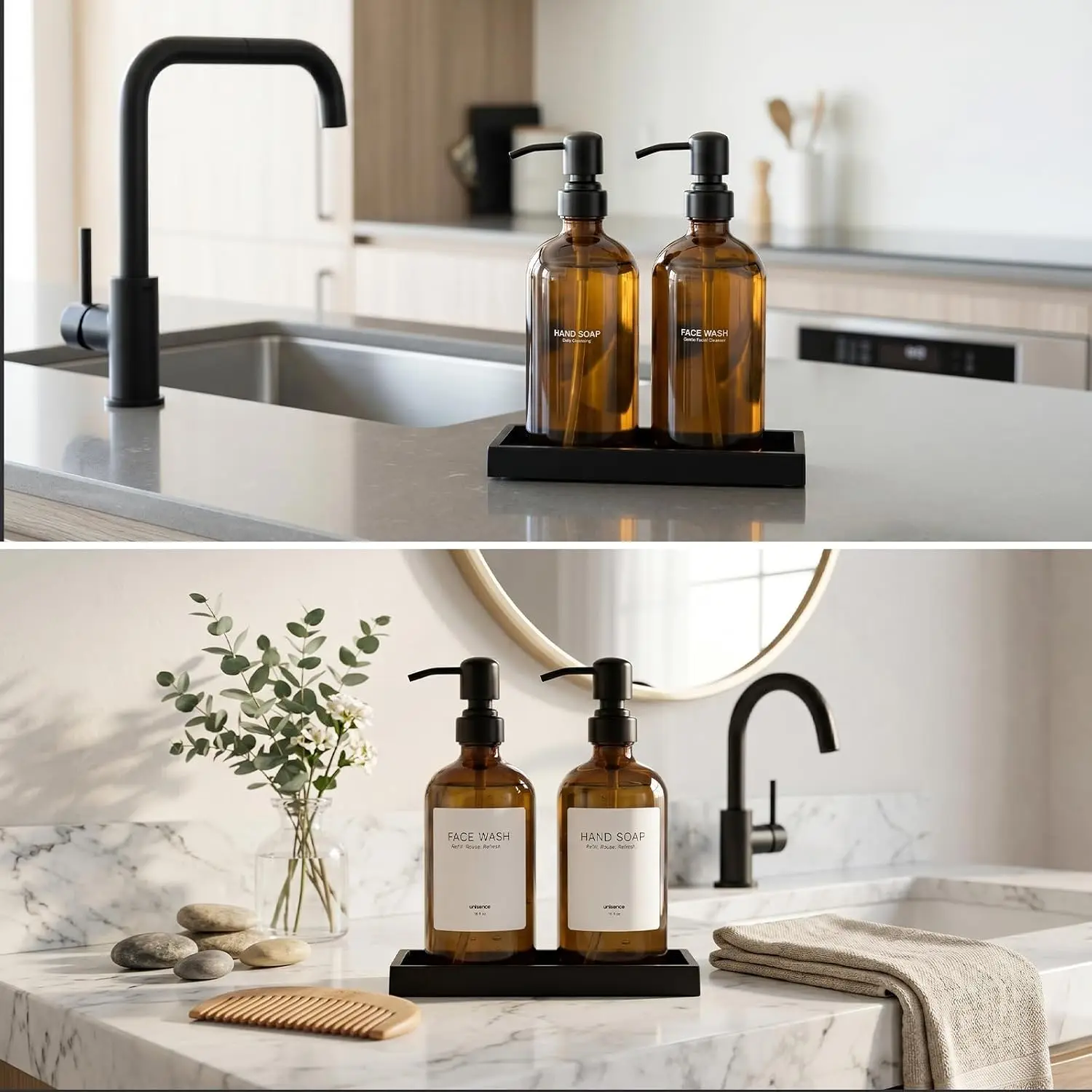 Amber Glass Soap Dispenser Set, 2 Pack 16 Oz Refillable Liquid Soap Dispenser with 304 Stainless Steel Pump and Tray