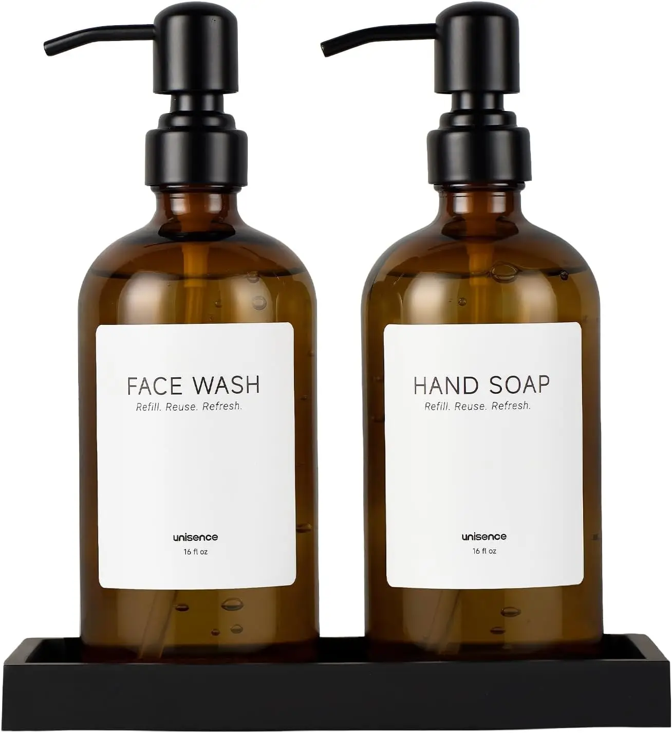 Amber Glass Soap Dispenser Set, 2 Pack 16 Oz Refillable Liquid Soap Dispenser with 304 Stainless Steel Pump and Tray