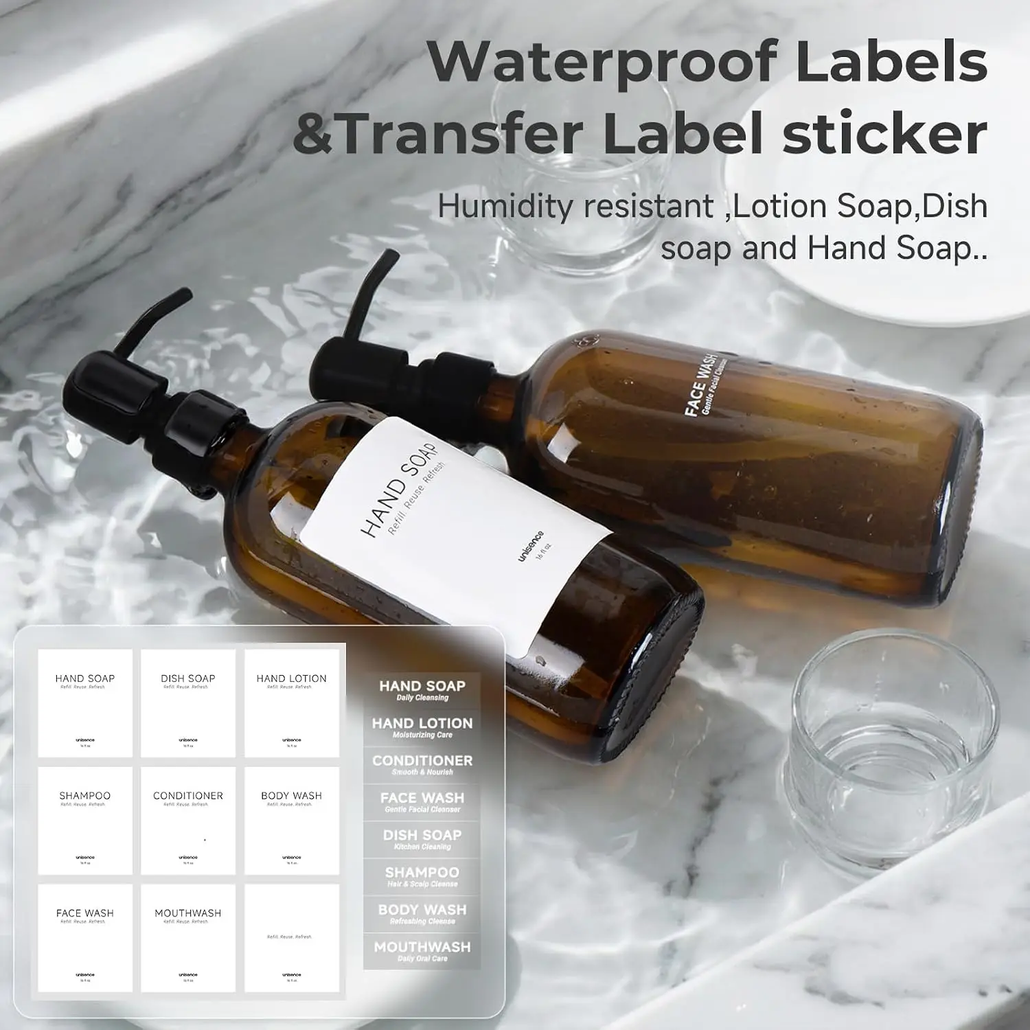 Amber Glass Soap Dispenser Set, 2 Pack 16 Oz Refillable Liquid Soap Dispenser with 304 Stainless Steel Pump and Tray