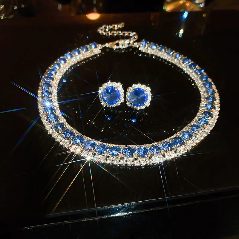 Women Trendy Rhinestone Decorated Jewelry Set Necklace Earring Kit Elegant Fashion Accessory For Daily Party Wedding