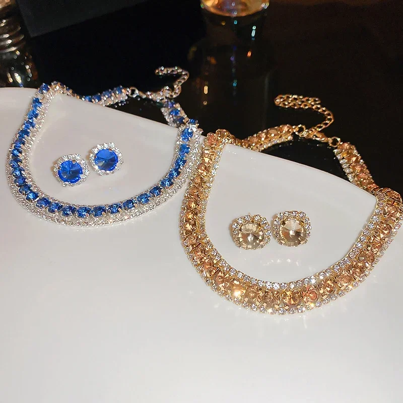 Women Trendy Rhinestone Decorated Jewelry Set Necklace Earring Kit Elegant Fashion Accessory For Daily Party Wedding