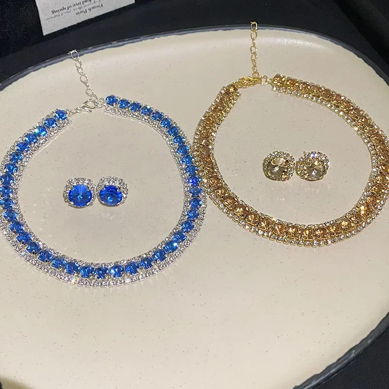 Women Trendy Rhinestone Decorated Jewelry Set Necklace Earring Kit Elegant Fashion Accessory For Daily Party Wedding