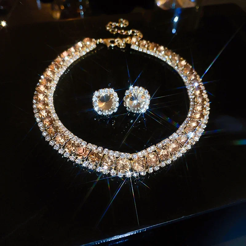 Women Trendy Rhinestone Decorated Jewelry Set Necklace Earring Kit Elegant Fashion Accessory For Daily Party Wedding