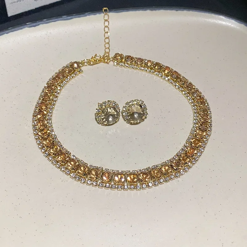 Women Trendy Rhinestone Decorated Jewelry Set Necklace Earring Kit Elegant Fashion Accessory For Daily Party Wedding