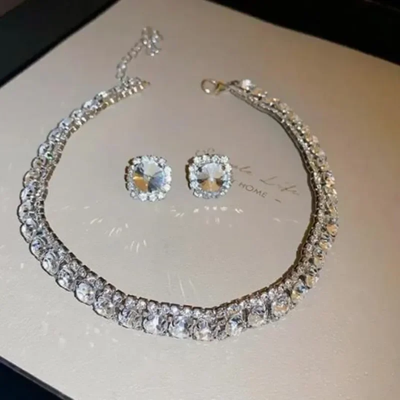 Women Trendy Rhinestone Decorated Jewelry Set Necklace Earring Kit Elegant Fashion Accessory For Daily Party Wedding