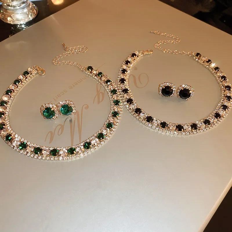 Women Trendy Rhinestone Decorated Jewelry Set Necklace Earring Kit Elegant Fashion Accessory For Daily Party Wedding