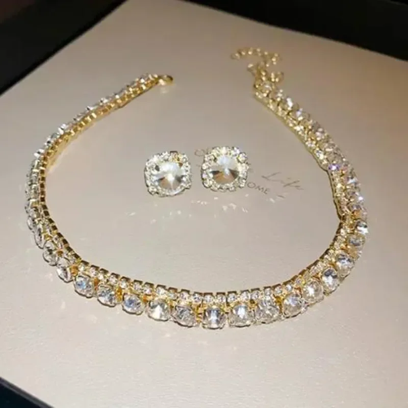 Women Trendy Rhinestone Decorated Jewelry Set Necklace Earring Kit Elegant Fashion Accessory For Daily Party Wedding