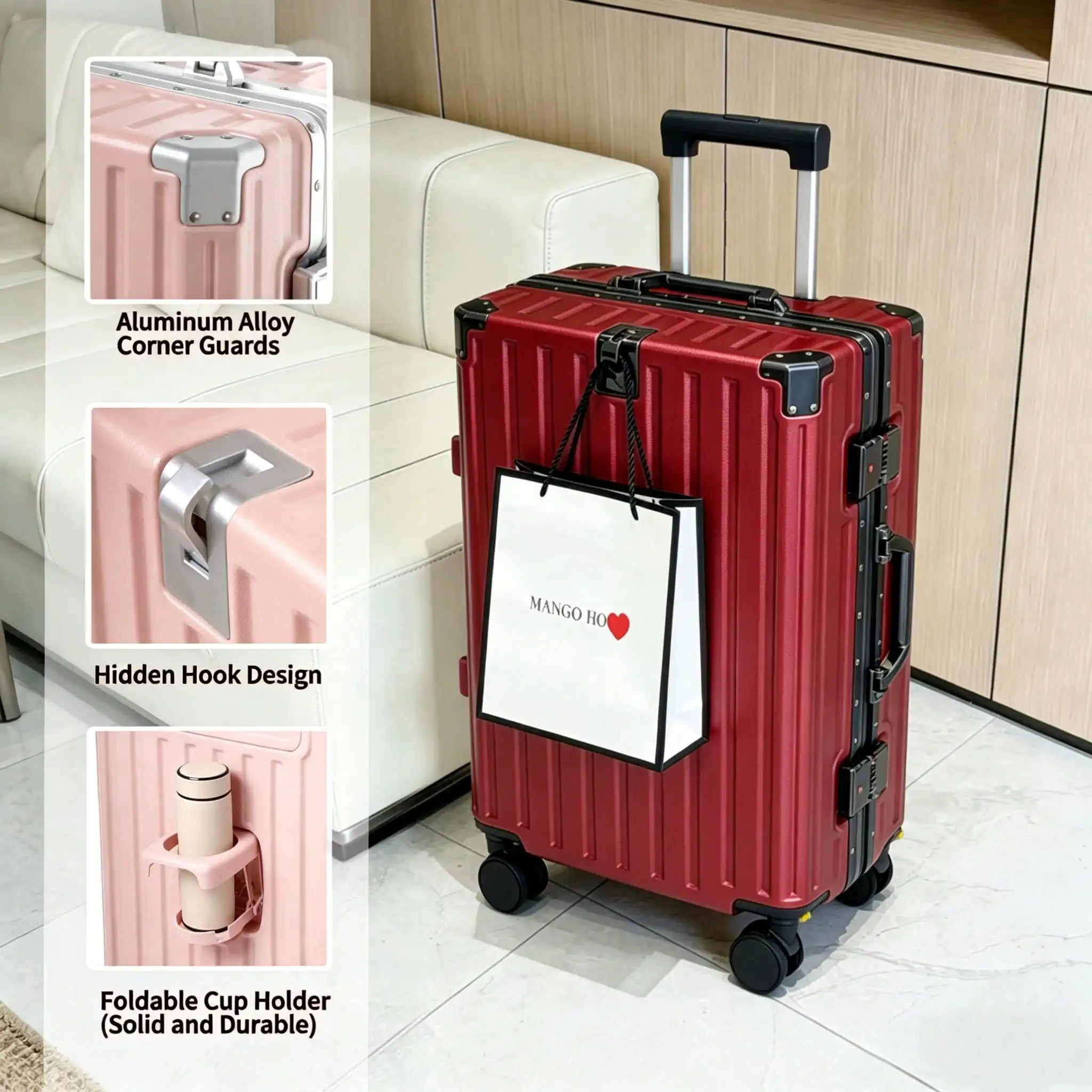 20" Carry On Suitcase Airline Approved, PC Hard Shell Luggage With Aluminum Frame, Spinner Wheels, Built-In Cup Holder, Travel Travel Suitcase