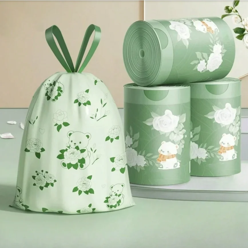 1roll 50pcs Lavender Scented Thickened Large Drawstring Trash Bags, High-Density Polyethylene Material, Tear-Resistant Printed Hand-Carry Cleaning Garbage Bags, Multi-Purpose Disposable Storage Bags, Suitable For Kitchen, Bathroom, Bedroom, Living Room