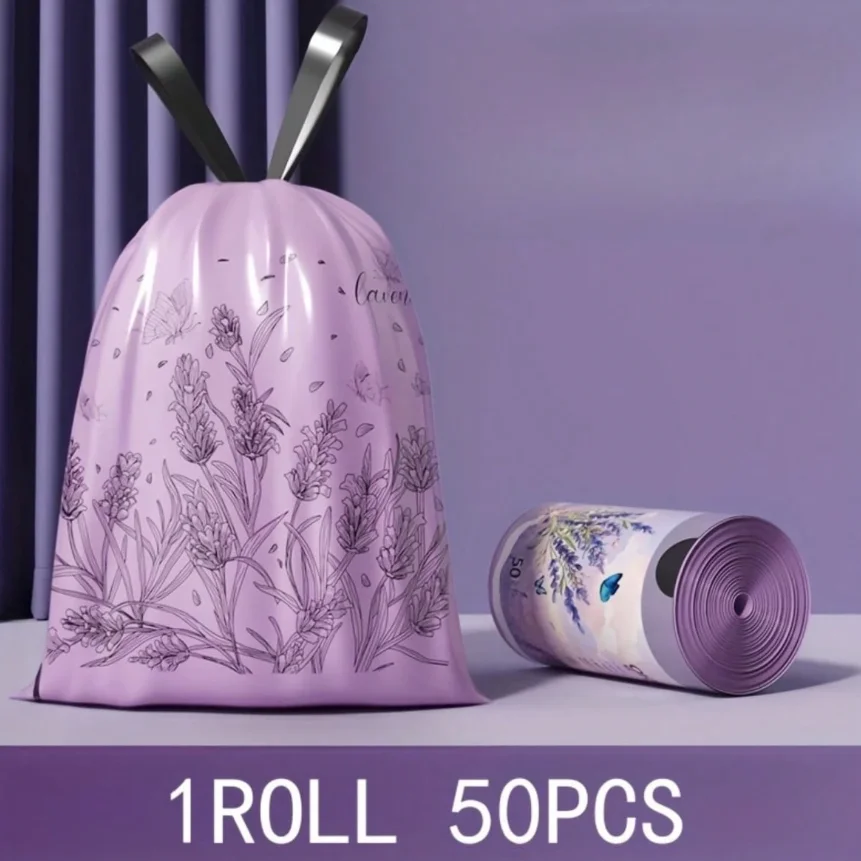 1roll 50pcs Lavender Scented Thickened Large Drawstring Trash Bags, High-Density Polyethylene Material, Tear-Resistant Printed Hand-Carry Cleaning Garbage Bags, Multi-Purpose Disposable Storage Bags, Suitable For Kitchen, Bathroom, Bedroom, Living Room