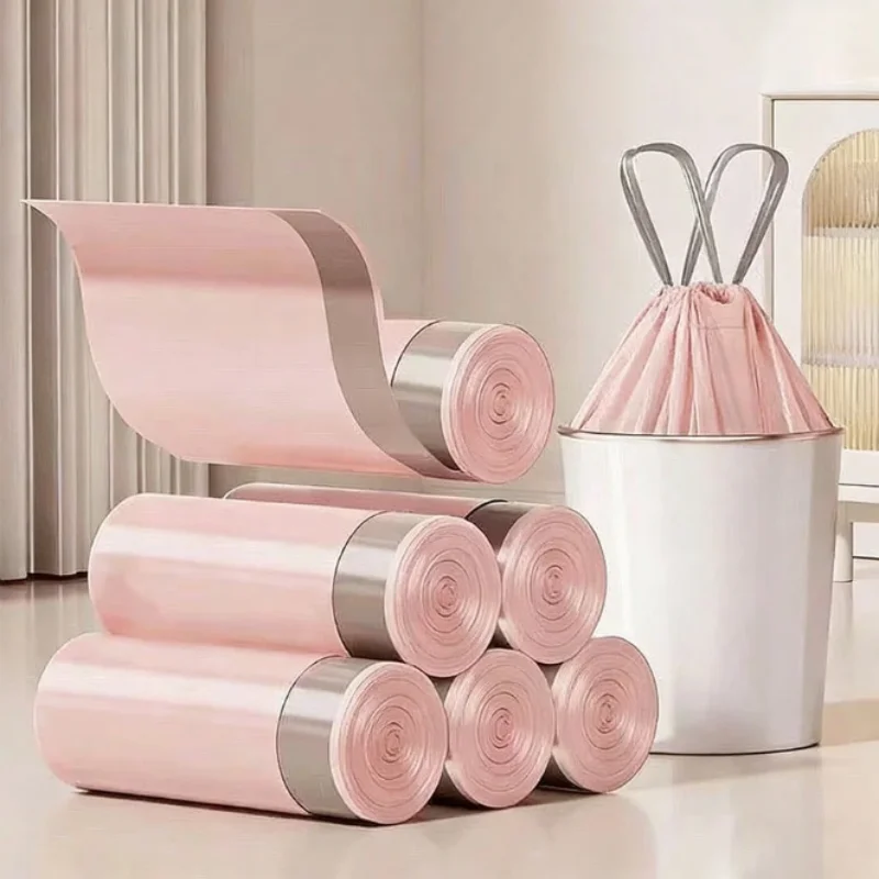 1roll 50pcs Lavender Scented Thickened Large Drawstring Trash Bags, High-Density Polyethylene Material, Tear-Resistant Printed Hand-Carry Cleaning Garbage Bags, Multi-Purpose Disposable Storage Bags, Suitable For Kitchen, Bathroom, Bedroom, Living Room
