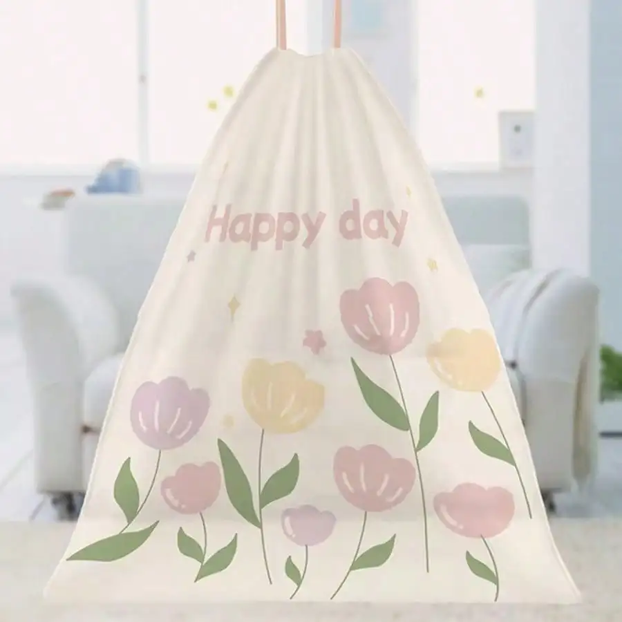 1roll 50pcs Lavender Scented Thickened Large Drawstring Trash Bags, High-Density Polyethylene Material, Tear-Resistant Printed Hand-Carry Cleaning Garbage Bags, Multi-Purpose Disposable Storage Bags, Suitable For Kitchen, Bathroom, Bedroom, Living Room