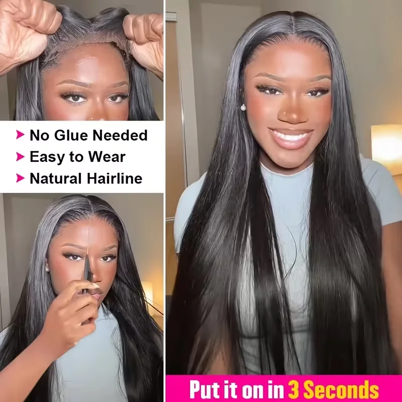7x6 Straight Glueless Wigs Human Hair Pre-Plucked Pre-Cut 200% Density Frontal Wigs Brazilian Human for Beginners Natural Color