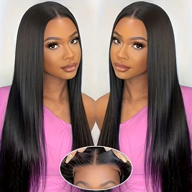 7x6 Straight Glueless Wigs Human Hair Pre-Plucked Pre-Cut 200% Density Frontal Wigs Brazilian Human for Beginners Natural Color