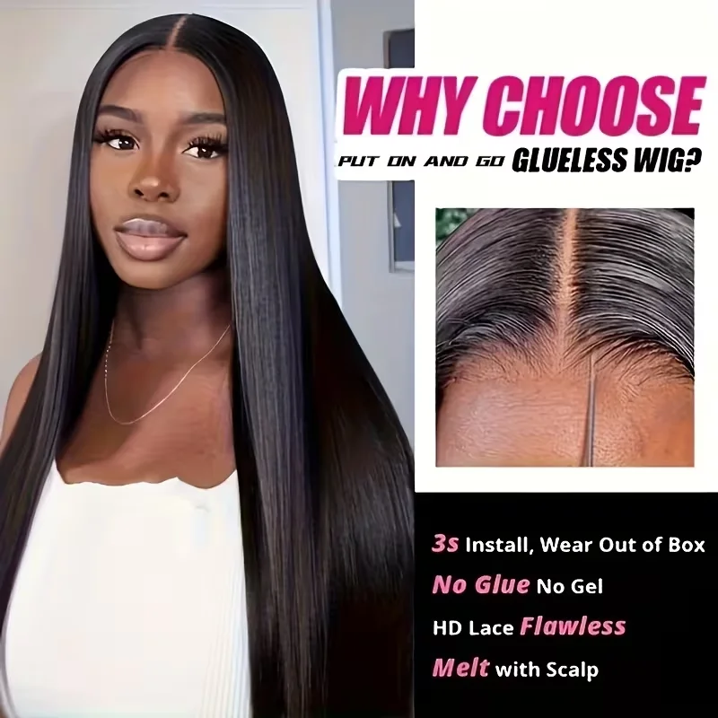 7x6 Straight Glueless Wigs Human Hair Pre-Plucked Pre-Cut 200% Density Frontal Wigs Brazilian Human for Beginners Natural Color
