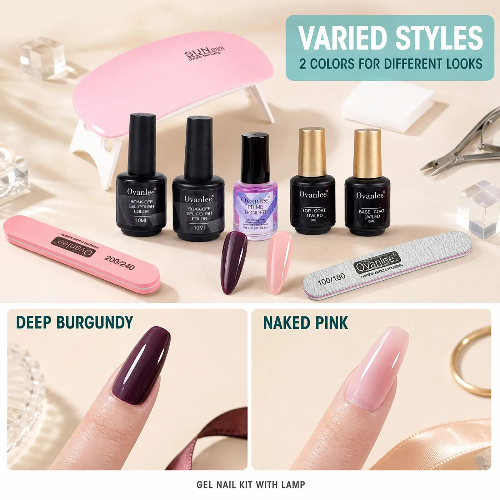 Ovanlee All-in-One Gel Nail Polish Kit – Complete Starter Set with Mini UV/LED Lamp, 2 Colors (10ml), Base & Top Coat, Primer Bonder & Nail Files for Salon-Quality DIY Manicure at Home