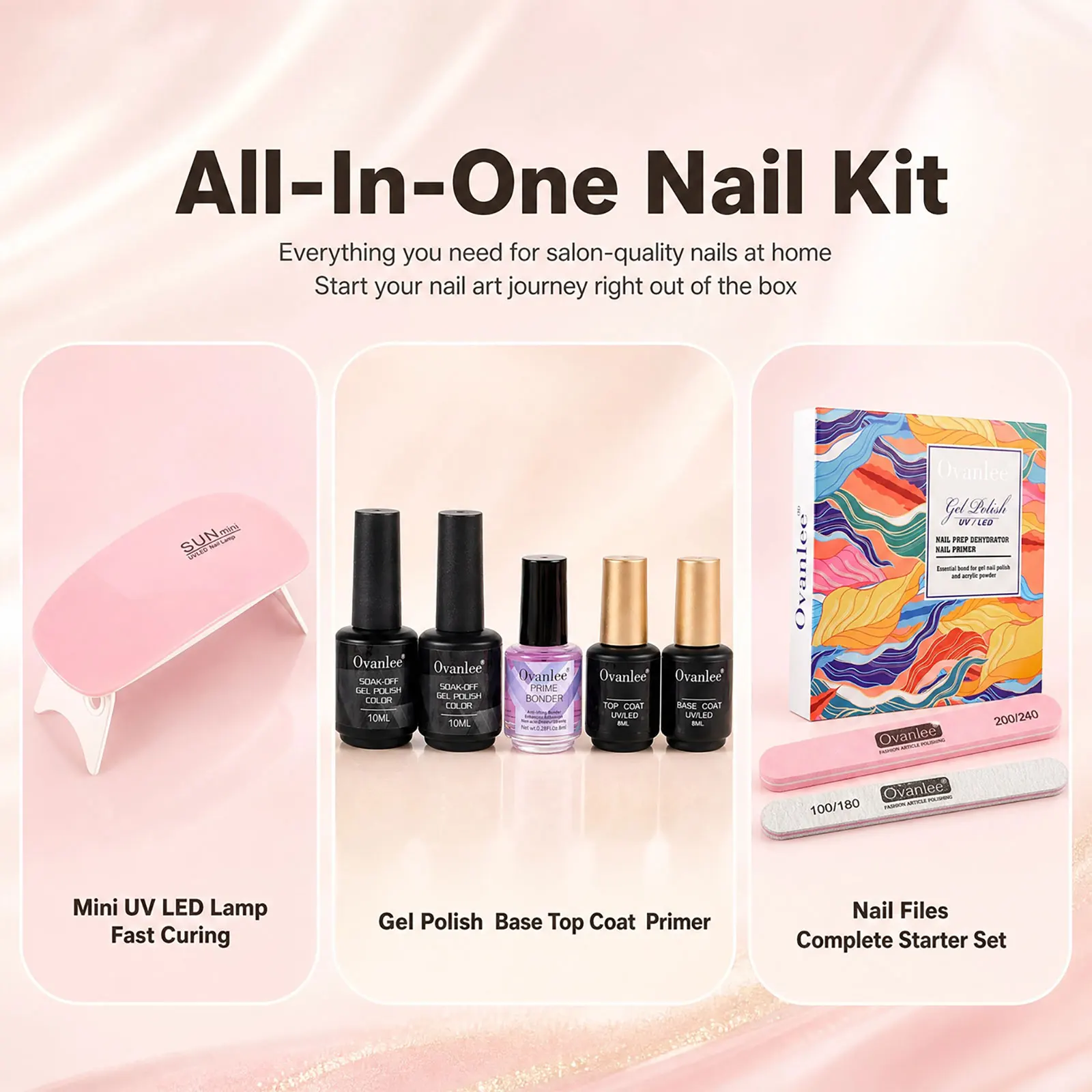 Ovanlee All-in-One Gel Nail Polish Kit – Complete Starter Set with Mini UV/LED Lamp, 2 Colors (10ml), Base & Top Coat, Primer Bonder & Nail Files for Salon-Quality DIY Manicure at Home
