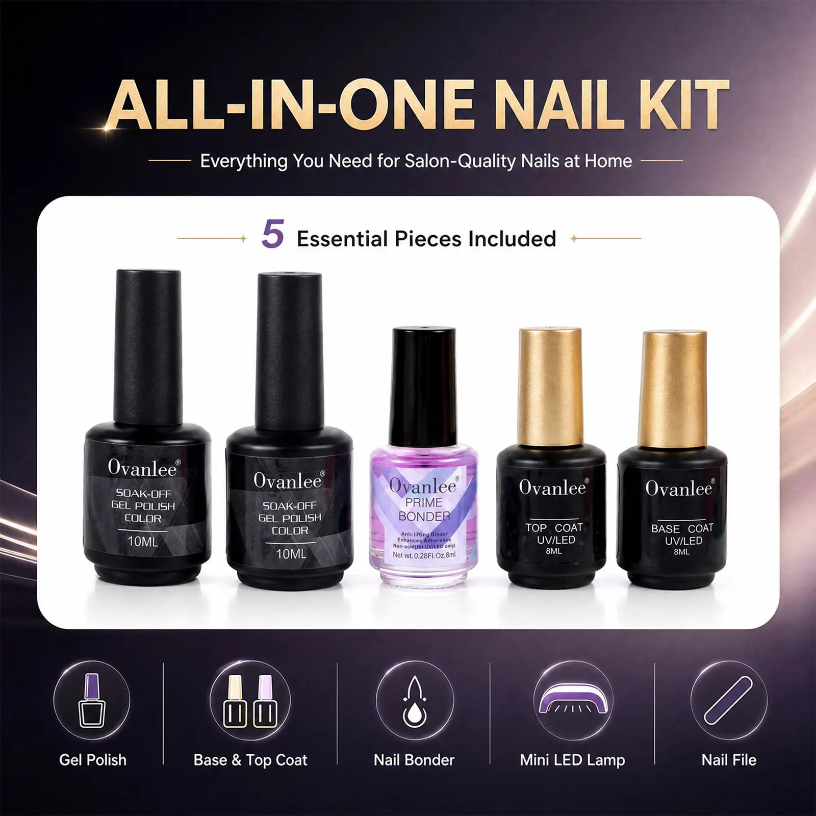 Ovanlee All-in-One Gel Nail Polish Kit – Complete Starter Set with Mini UV/LED Lamp, 2 Colors (10ml), Base & Top Coat, Primer Bonder & Nail Files for Salon-Quality DIY Manicure at Home