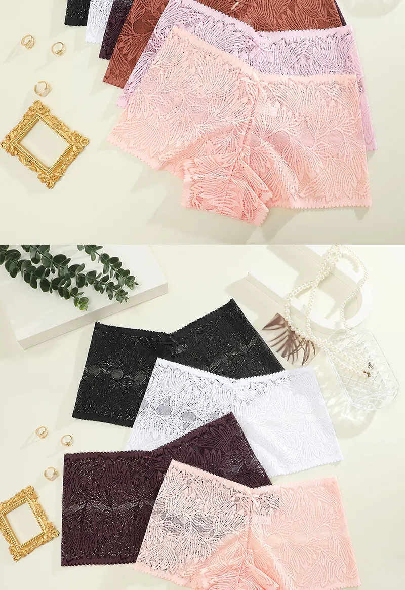 FINETOO 8Pcs/Set Women Mid‑Rise Lace Boyshort Panties Floral Hollow‑Out Sheer Lace Briefs Stretch Breathable Ladies Underwear Soft Comfy Multi‑Color Pack Lace Underpants for Daily Casual Wear S‑XL