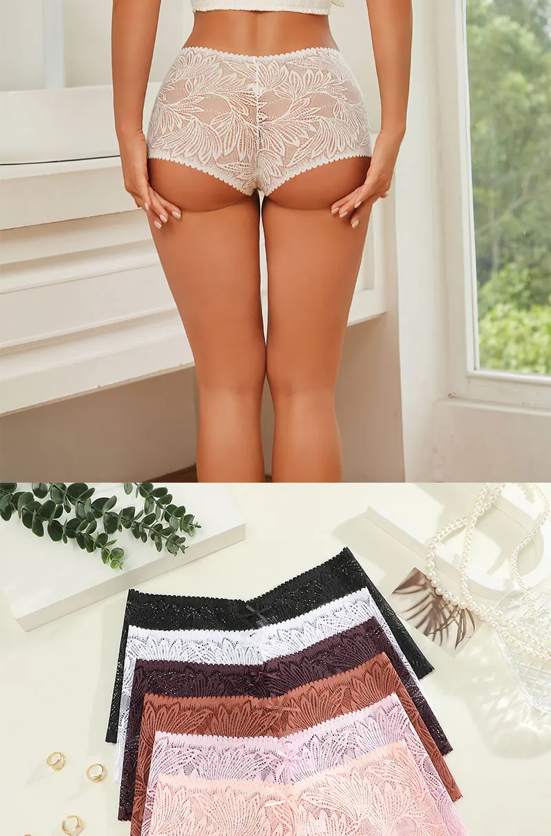 FINETOO 8Pcs/Set Women Mid‑Rise Lace Boyshort Panties Floral Hollow‑Out Sheer Lace Briefs Stretch Breathable Ladies Underwear Soft Comfy Multi‑Color Pack Lace Underpants for Daily Casual Wear S‑XL