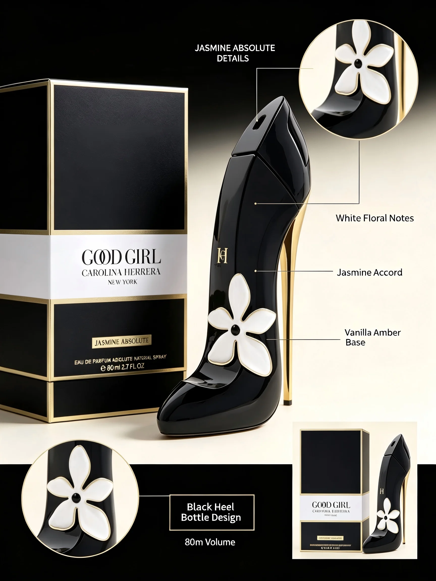 Carolina Herrera Good Girl Jasmine Absolute EDP for Women, 2.7 fl oz/80ml, 1 Bottle, Jasmine White Floral Vanilla Amber Long Lasting Perfume, Birthday Gift for Her, Fall, Halloween, Thanksgiving, Black Friday, Christmas, New Year Gift