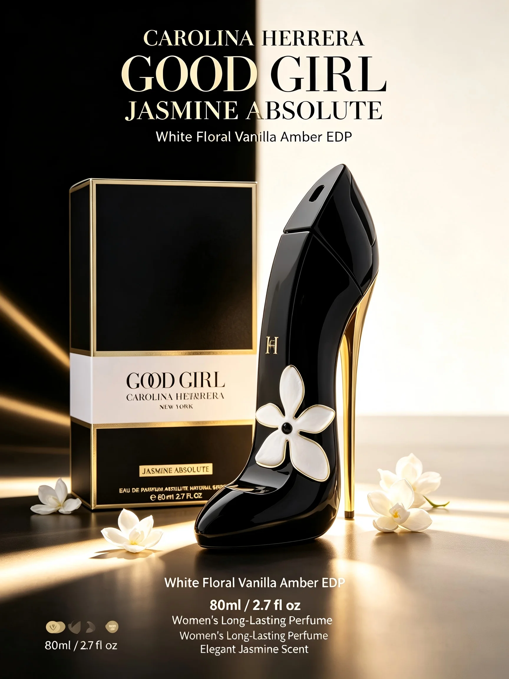 Carolina Herrera Good Girl Jasmine Absolute EDP for Women, 2.7 fl oz/80ml, 1 Bottle, Jasmine White Floral Vanilla Amber Long Lasting Perfume, Birthday Gift for Her, Fall, Halloween, Thanksgiving, Black Friday, Christmas, New Year Gift