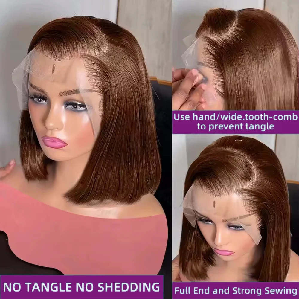 220% Density #4 Brown Straight Short Bob Wig 13x4 HD Transparent Lace Bob Wigs Brazilian Human Hair Wig Pre plucked For Woman