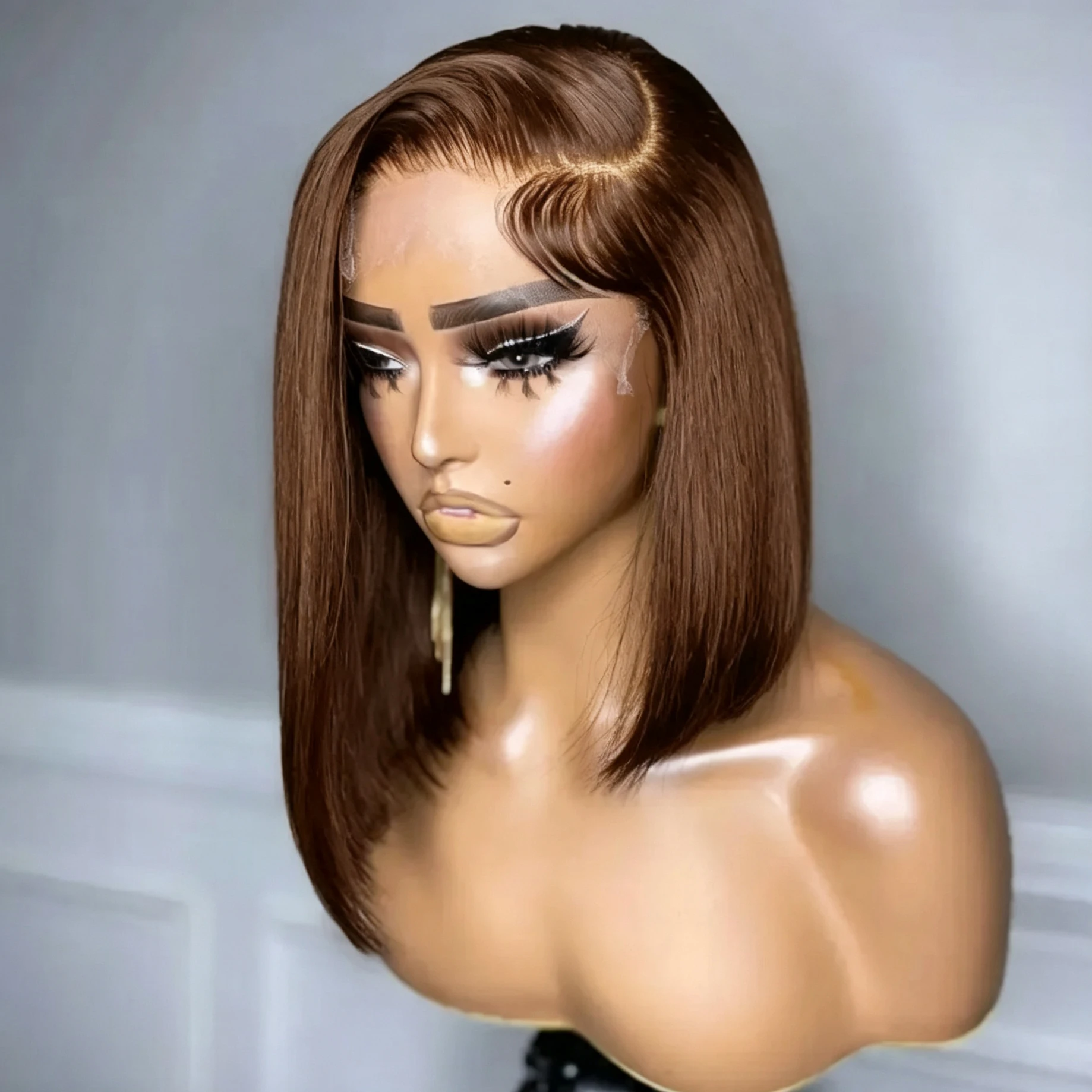 220% Density #4 Brown Straight Short Bob Wig 13x4 HD Transparent Lace Bob Wigs Brazilian Human Hair Wig Pre plucked For Woman