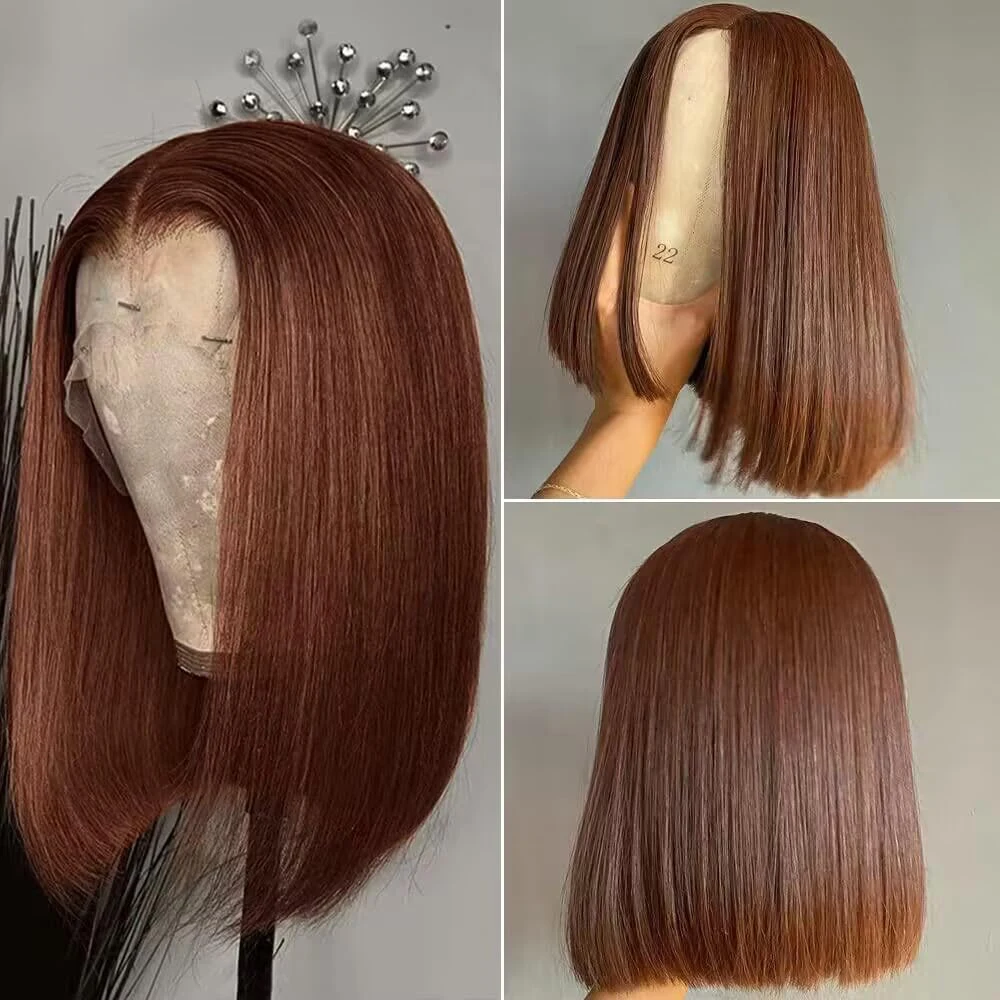 220% Density #4 Brown Straight Short Bob Wig 13x4 HD Transparent Lace Bob Wigs Brazilian Human Hair Wig Pre plucked For Woman
