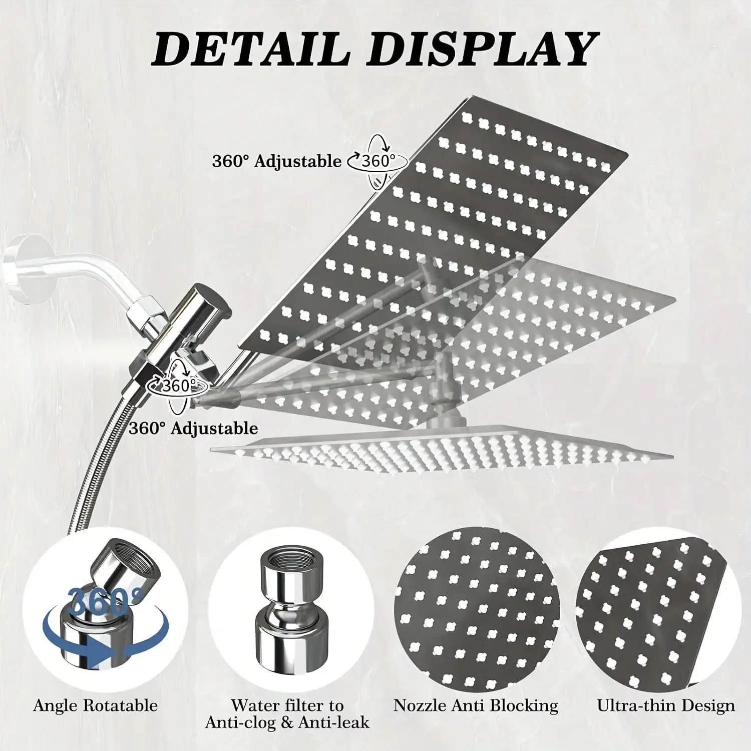 Bathroom Rainfall Shower Head 8/10/12" Square With Adjustable Extension Arm, High Pressure Shower Head, Ultra Thin Rainfall Bath Shower With Silicone Nozzle, Three Function Handheld Showerhead
