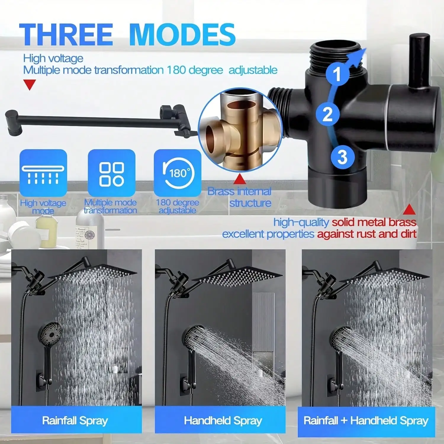 Bathroom Rainfall Shower Head 8/10/12" Square With Adjustable Extension Arm, High Pressure Shower Head, Ultra Thin Rainfall Bath Shower With Silicone Nozzle, Three Function Handheld Showerhead