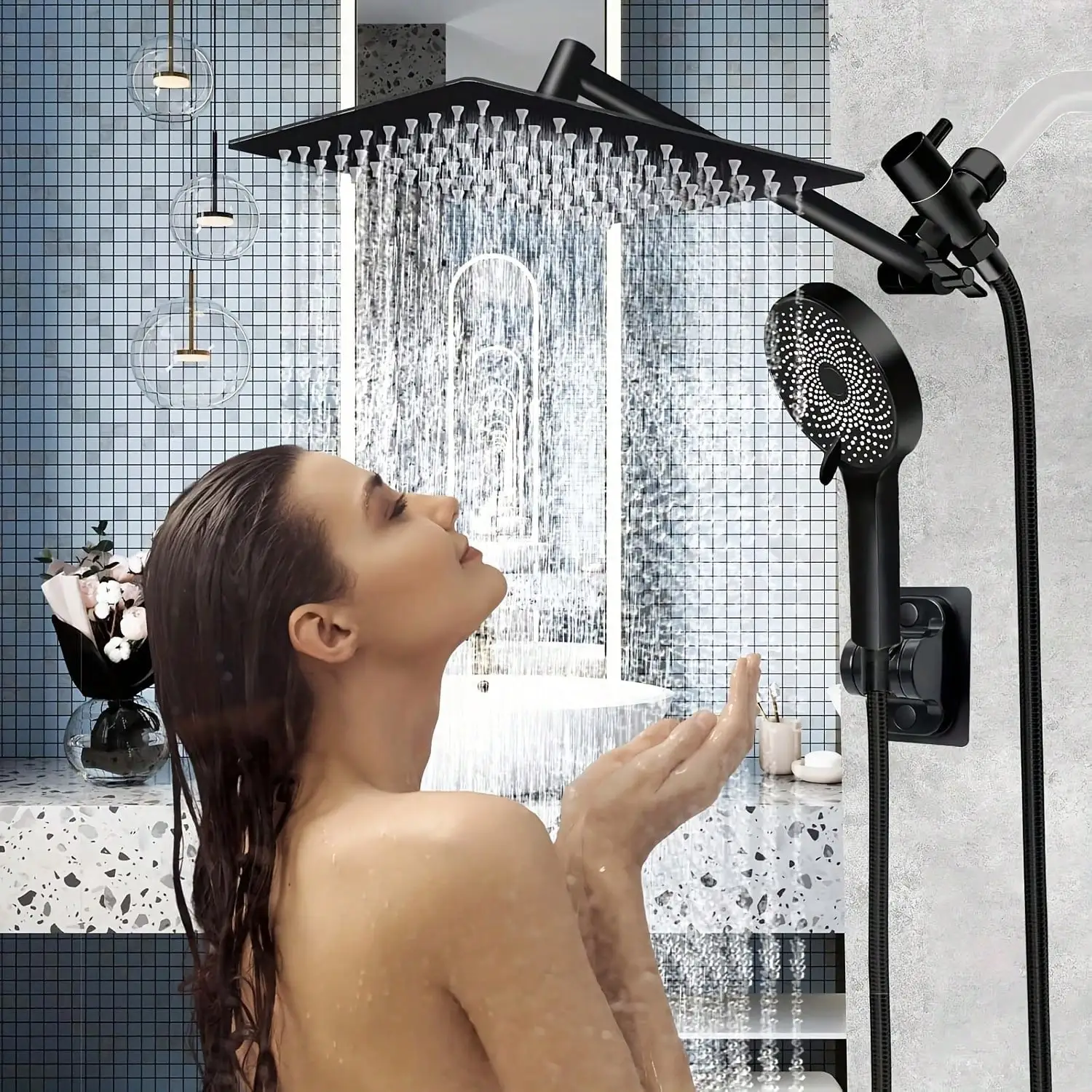 Bathroom Rainfall Shower Head 8/10/12" Square With Adjustable Extension Arm, High Pressure Shower Head, Ultra Thin Rainfall Bath Shower With Silicone Nozzle, Three Function Handheld Showerhead