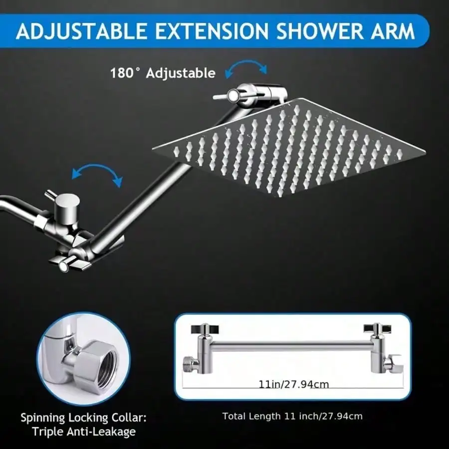 Bathroom Rainfall Shower Head 8/10/12" Square With Adjustable Extension Arm, High Pressure Shower Head, Ultra Thin Rainfall Bath Shower With Silicone Nozzle, Three Function Handheld Showerhead